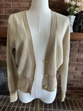 J.Crew Gold Metallic Shimmer V-Neck Button Down Cardigan Sweater Small